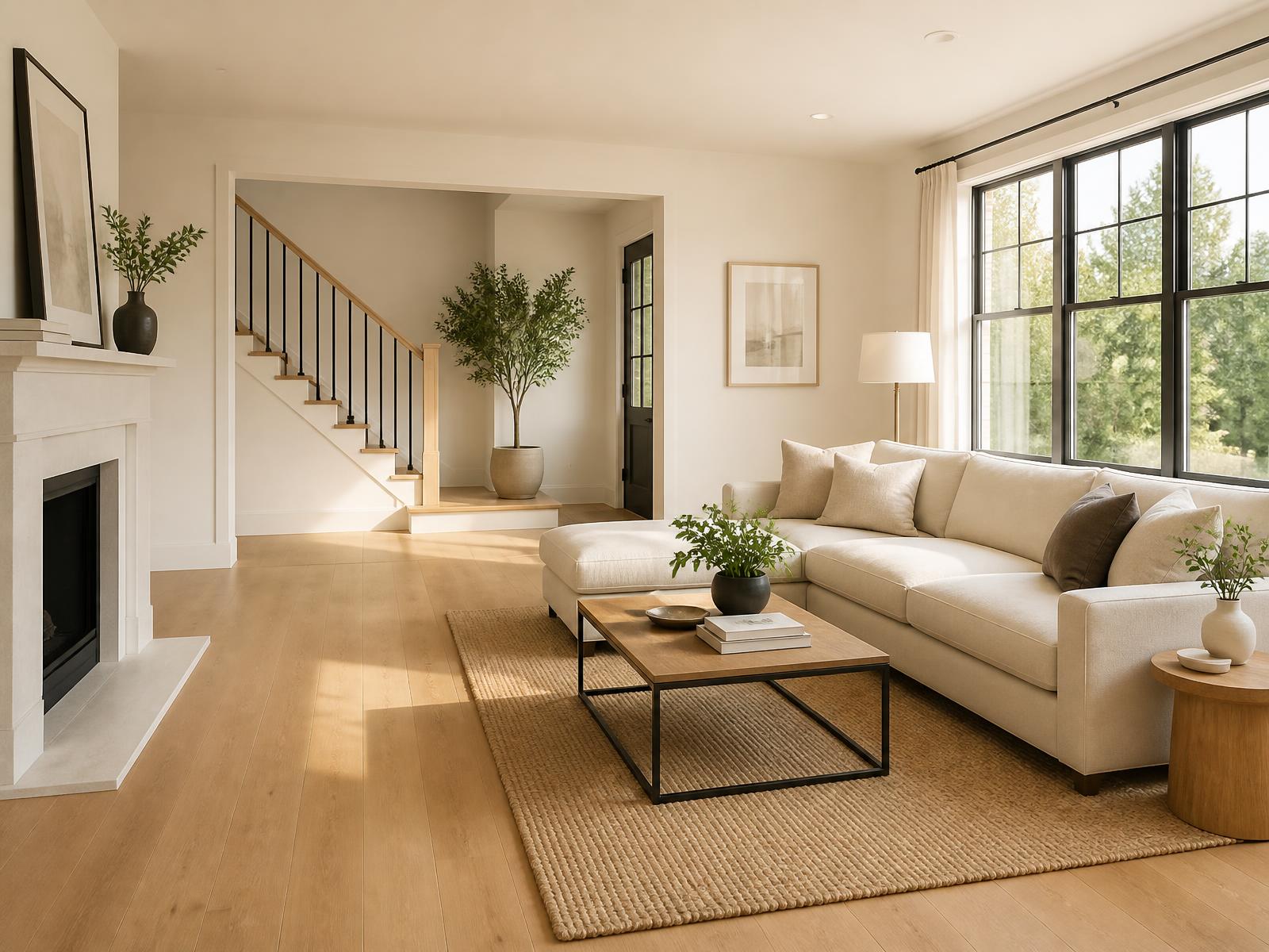 Sunlit, freshly cleaned living room with oak floors
