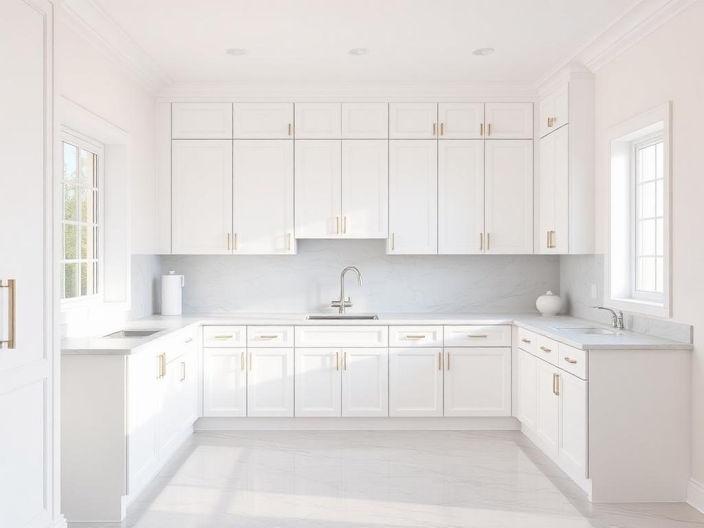 Clean white kitchen with marble counters